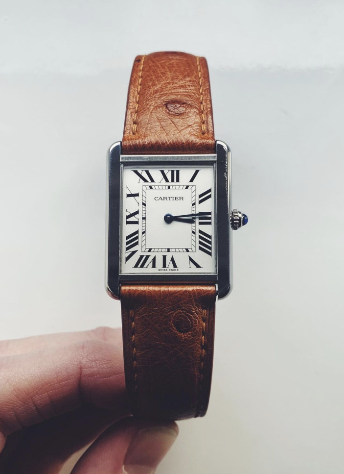 Custom tan brown ostrich belly skin leather strap for Cartier Tank